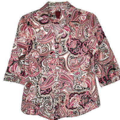 #ad 212 Collection Womens Blouse Size PM Button Front 3 4 Sleeve V Neck Paisley $12.97