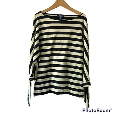 #ad Chaps Striped Tie Sleeved Nautical Black and Cream Boatneck Top Size Womens M $19.00