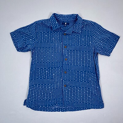 #ad Uniqlo Boys Shirt Button Up 7 8 Blue Short Sleeve Rayon Mickey Mouse Polka Dots $4.99
