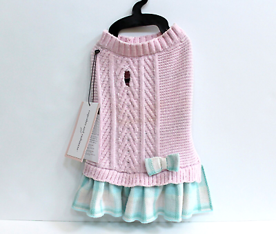 Cupcakes and Cashmere Pet Dog Pink Knit amp; Aqua Plaid Peplum Sweater Dress Size S $22.45