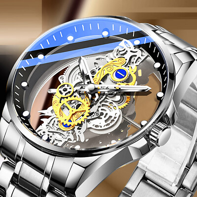 Luxury Men#x27;s Automatic Quartz Stainless Steel Watch Business Hollow Skeleton USA $15.28