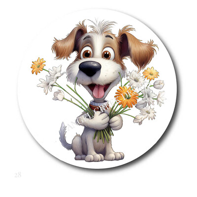 #ad Happy Puppy Dog with Daisies Scrapbook Stickers Dog w Flowers Envelope Seals $2.20