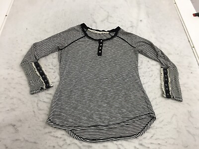 #ad Jolt Shirt Womens XL black white striped 1 4 button scoop neck lace cuff $8.99