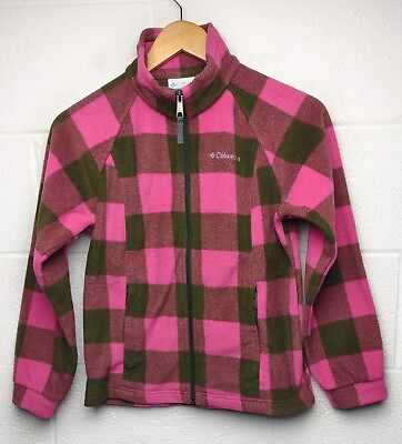 #ad Columbia Full Zip Fleece Youth Size 10 12 Pink Dk Gray Check Plaid Pattern $11.50