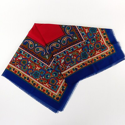 #ad Italian Scarf Red Center Floral Paisley Pattern Blue Trim Fringe Square 34quot; x 34 $11.87