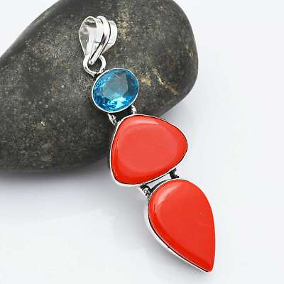 #ad Coral Blue Topaz Gemstone Handmade Antique Pendant Jewelry 2.6quot; AP 9252 $3.99
