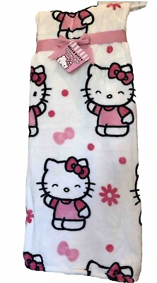 #ad Hello Kitty Daisy Bow Plush Pink amp; White Throw Blanket Sanrio Polyester New $34.99