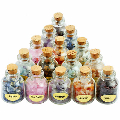 #ad 9 Mini Gemstone Wish Bottles Chip Crystal Healing Tumbled Gem Reiki Wicca Stones $14.00