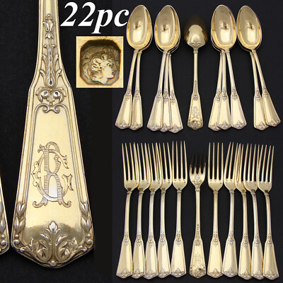 #ad Antique French 18k Vermeil Silver 22pc Dessert Fork amp; Spoon Set R.C. Monogram $2171.25