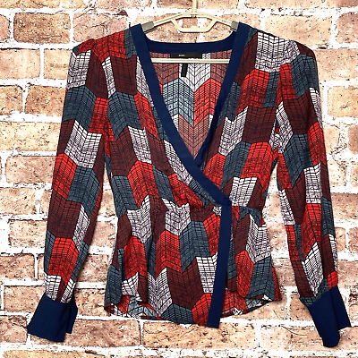 #ad BCBG Woman’s Top Size Extra Small Red Blue Geometric Blouse Low V Neck $22.95