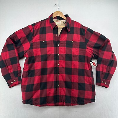 #ad Wrangler Mens XL Red Black Jacket Shirt Plaid Checkered Fleece Lined NEW Shacket $24.22