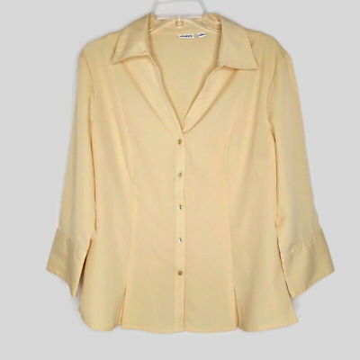 #ad Cato Size Large Womens Blouse Button Front V Neck 3 4 Sleeve Solid Yellow $13.97