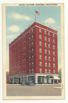 #ad Postcard Kenosha Wisconsin Hotel Dayton Flag Vintage Car 1948 $7.98