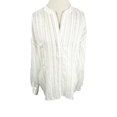#ad VINCE Shirt White Stripe Popover Balloon Long Sleeve V Neck Top Oversized Size L $44.95