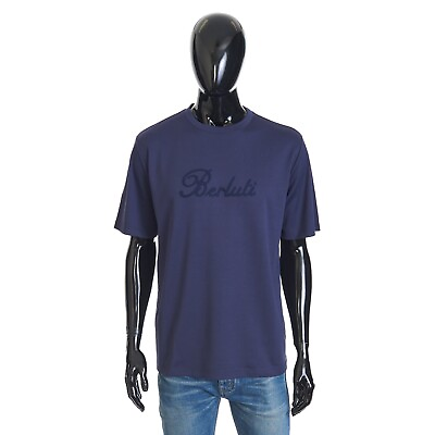 #ad BERLUTI 640$ Oversized Logo Embroidery T Shirt Ink Blue Cotton $378.00