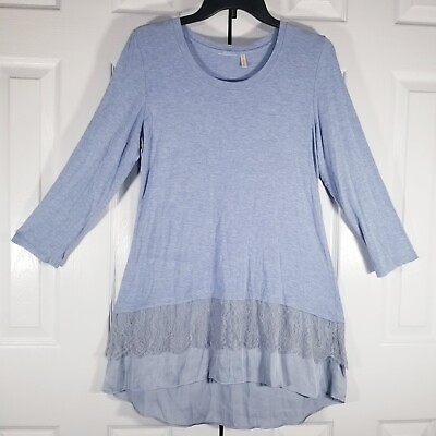 #ad LOGO Lori Goldstein Blue Knit Top Satin Lace Hem Lagenlook Tunic Sz S $15.99