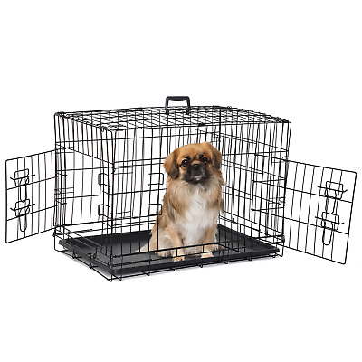 30quot;Double Door Dog Crates Folding Metal Pet Cat Cage Kennel with Tray in Black $40.58