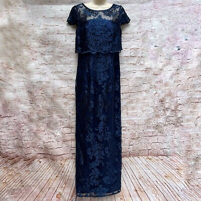 #ad Adrianna Papell Size 4 Maxi Dress Gown Scalloped Lace Overlay Short Sleeves $40.00