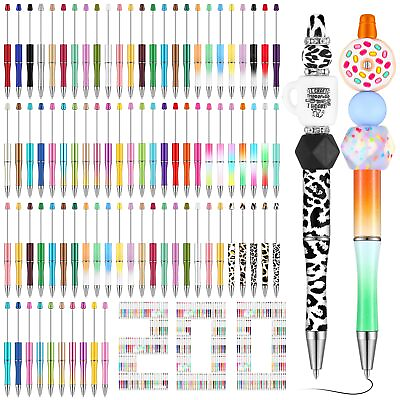 #ad 200 Pcs Plastic Beadable Pens Kit 55 Kinds Shell Colors Black Ink Cool Bead B... $85.13