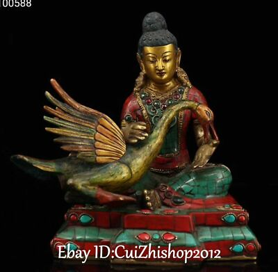 #ad Tibet Turquoise Coral Bronze Buddhism Kwan yin Guanyin Quan Yin Duck Bird Statue $434.13