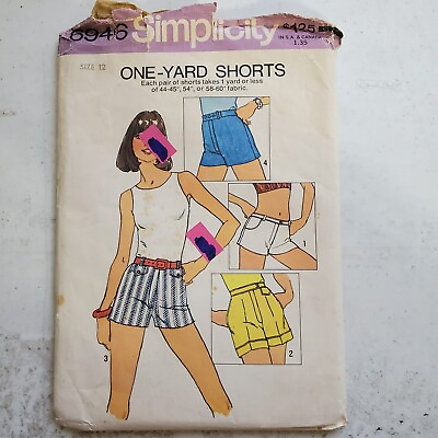 #ad Vtg Simplicity Pattern 6946 One Yard Shorts Flat Front Low Rise Miss 12 CUT #x27;75 $7.98
