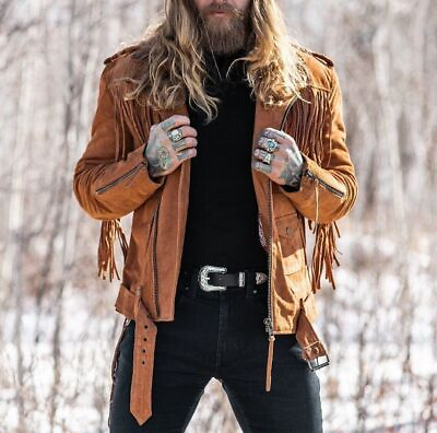 #ad Mens Brown Suede Leather Fringe Jacket Mens Vintage Western Style Fringe Jacket $99.99