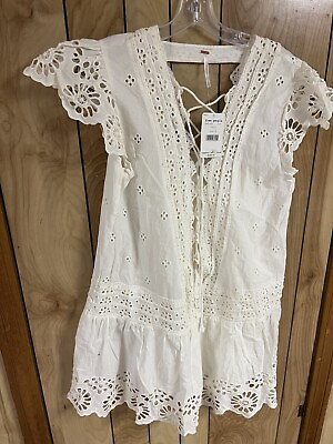 #ad Free People White Cotton Dress Bohemian Whimsical Lacey Flowers Flow Size M NWT $45.00