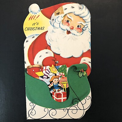 #ad Vtg Christmas Greeting Card Santa amp; Sleigh Loaded With Toys amp; Gifts Hi its Xmas $6.50