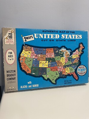 #ad Vintage 1970s Milton Bradley Puzzle Map of the United States amp; World Map #4806 $19.95