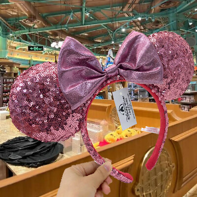 #ad US Disney Parks Pink Minnie Mouse Bow Sequins Headband Ears NWT 2022 $15.35