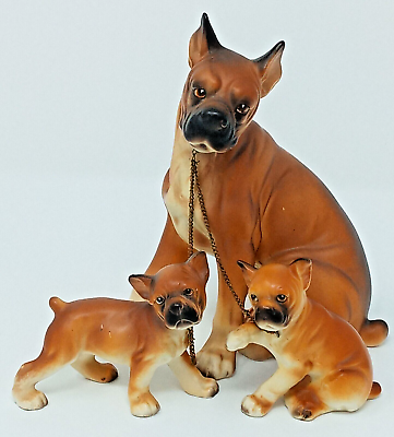 Erich Stauffer 8271 Boxer Dog family Mother amp; Two Pups ceramic Japan chained euc $30.00