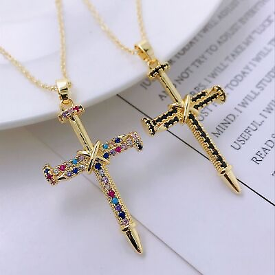 #ad 14K Gold Personality Hip Hop Clavicle Chain Nail Cross Necklace Pendant $7.99