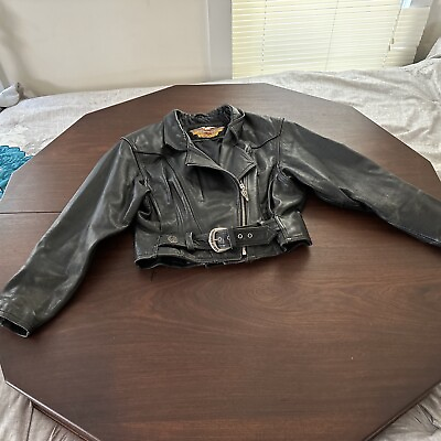 #ad Vintage 90#x27;s Harley Davidson Womens Leather Jacket Size Medium Studs Buckles $120.00
