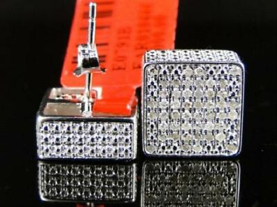 #ad White Gold Plated men 10 mm Square Stud Earrings Silver 0.81ct Cubic Zirconia $123.49