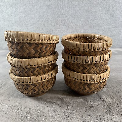 6 Vintage Wicker Small Baskets Round with Zig Zag Pattern 3 inches x 2 inches $20.68
