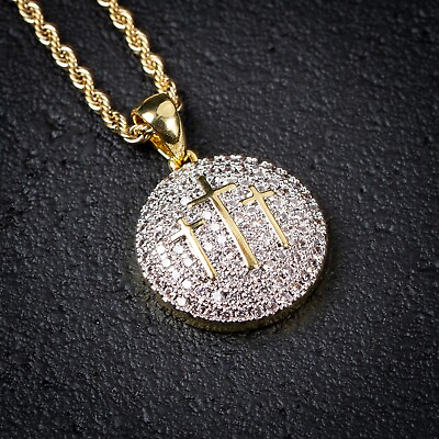 #ad Mens Two Toned Iced Three Cross Round Circle Hip Hop Pendant Necklace With Chain $21.69