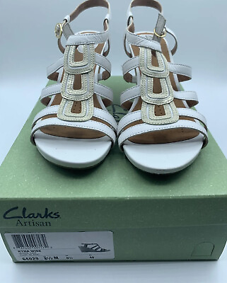 #ad Clarks Artisan Kyna Wise Sz 8 1 2 White Leather Strappy White Wedge Sandal Heels $29.88