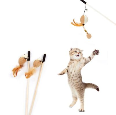 #ad Cat Toy Mouse On Rod Teaser Bell Feather Play Pet Fish Bird Wooden Wand Kitten $3.99