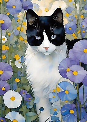 #ad 5x7 Cat Kitten Black White tuxedo Print Painting Art Work By Artist Luna A2 $14.99