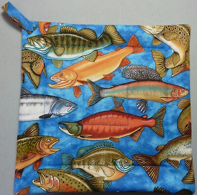 #ad Deluxe Hot Pad Pot Holder: FISH: FISHERMAN#x27;S DREAM: Colorful on blue: Quilted $8.00