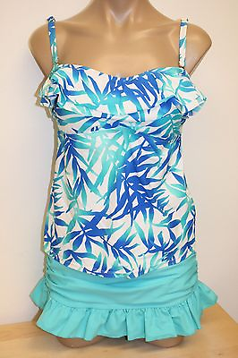 #ad New Island Escape Swimsuit Tankini 2pc Set Sz 10 Strap Aqua White Ruffle Skirt $35.99