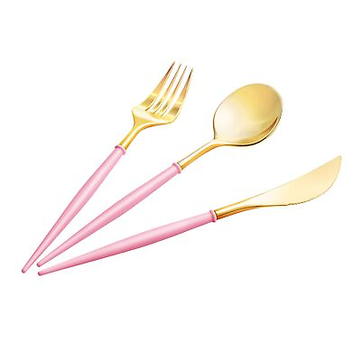 #ad 90pcs Gold Plastic Silverware Gold Disposable Cutlery with Pink Handle Inclu... $44.92