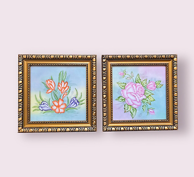 #ad Vintage PAIR of 1970 Handpainted Floral Art Tiles Signed 8quot; x 8quot; Gilded Frames $39.95