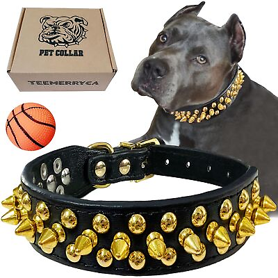 #ad Black Leather Dog Collar with Gold Spikes for Small Medium Large Pets Pit Bu... $22.53