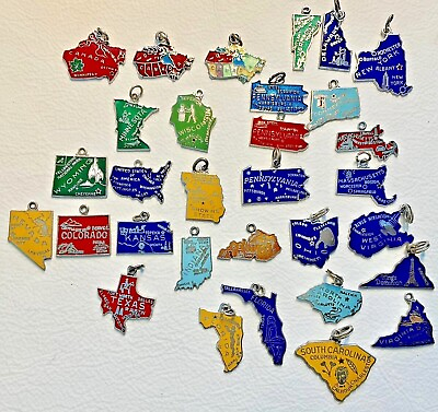#ad Vintage Sterling Silver Cloisonné Enamel USA State Map Charms Choice $14.95