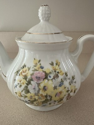 #ad VTG Yellow Pink Blue Floral Ceramic Tea Pot W Gold Japan on Bottom $16.95