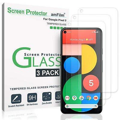 #ad amFilm 3 Pack Real Tempered Glass Screen Protector for Google Pixel 5 2020 $9.99