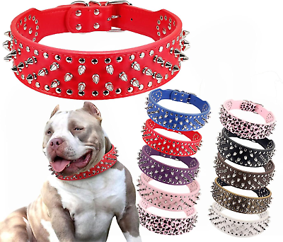 #ad Hoot PU Leather Adjustable Spiked Studded Dog Collar 2quot; Wide 37 Spikes M Neck 1 $24.86