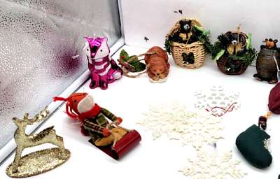 #ad Assorted Rustic Christmas ornaments Bears Deer Fox Snowflakes set of 11 $28.50