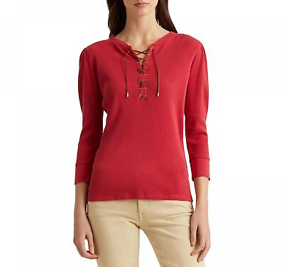 #ad lauren Ralph Lauren Womens Lace Up 3 4 Sleeve Top 200807092002 Bright Clay Red M $18.00